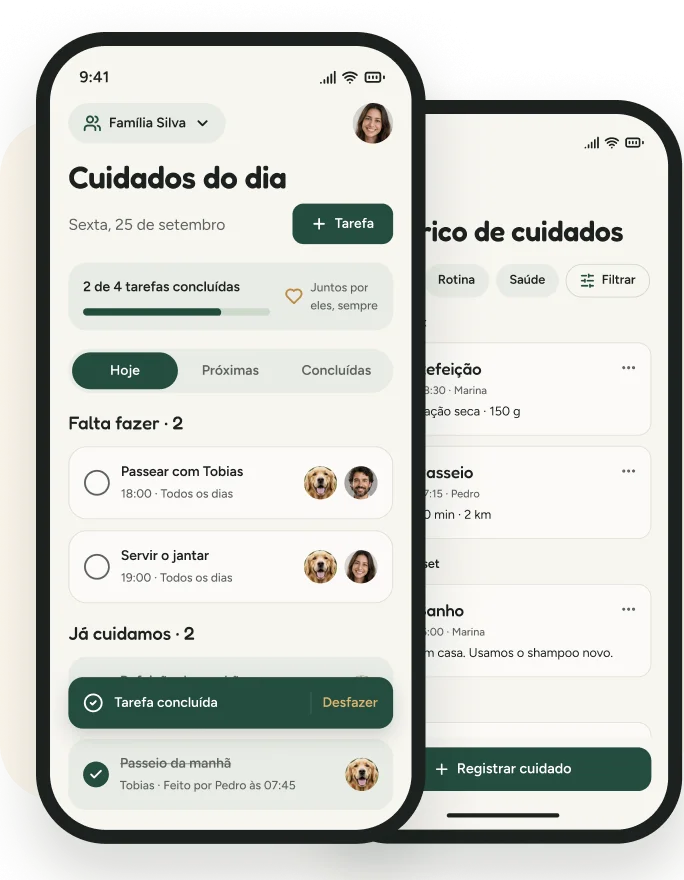 Telas de cuidados do dia, com tarefas a fazer e já concluídas, e o histórico de cuidados.