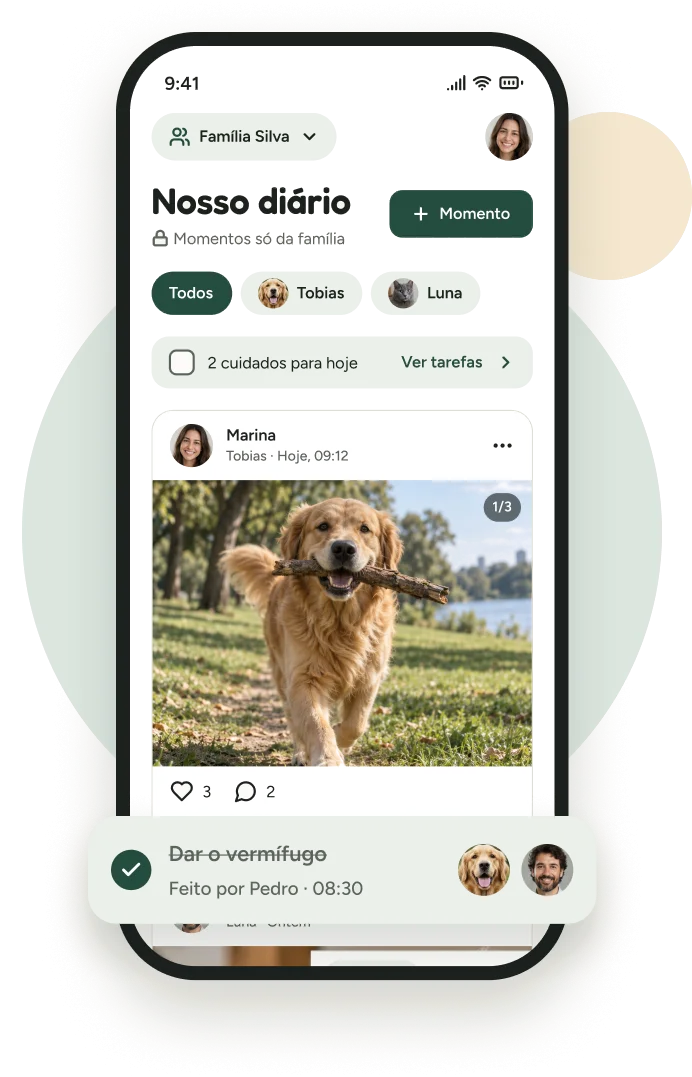 App Tobias aberto no diário da família, com foto do cachorro Tobias, um registro de banho e a tarefa “Dar o vermífugo” concluída por Pedro.